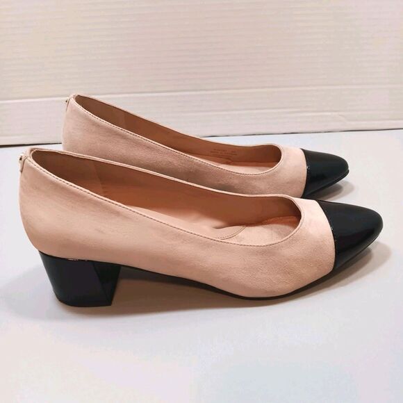 Cole Haan W26302 Suede Cap Toe Block Heel Pumps Tan/Nude Black Patent 8B - Picture 5 of 11